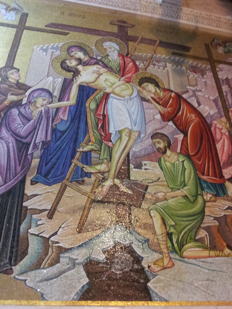 A Greek Orthodox mural of the crucifixion.