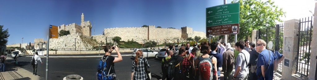 A panorama of the locations named "David's Tower" and "David's Gate." They mark a boundary of the Old City of Jerusalem. They are only named in honor of King David; they do not date from his time.