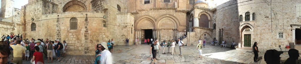A panorama of the courtyard and entrance of the Church of the Holy Sepulchre