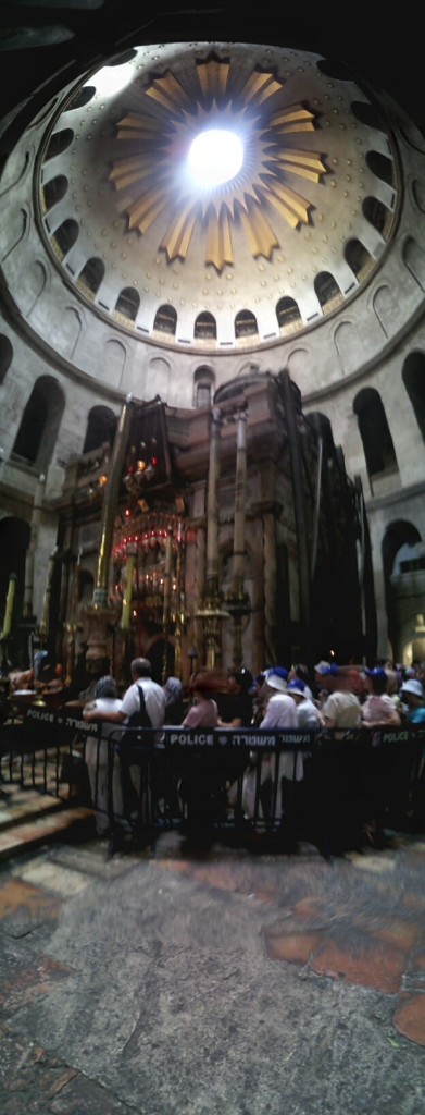 A panorama of the The Aedicule, which is home to the traditional location of the burial and resurrection tomb of Jesus Christ.