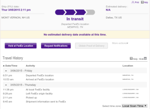 FedEx and its sad, sad tracking page that keeps telling me that its not possible to estimate delivery of the "Plan B" HV DC power supply for our Electric Field/Radon Mitigation Experiment.