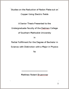 Cover page of the first draft of my student's senior thesis.