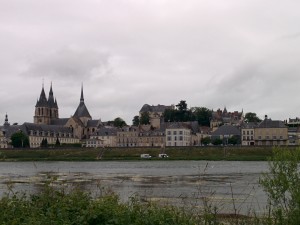 Blois, viewed from the south side of the Loire River. The Chateau sits atop the hill, behind the cluster of buildings in the foreground.