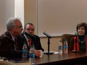 SMU Earth Scientist Louis Jacobs discusses a point with the moderator, Lee Cullum.