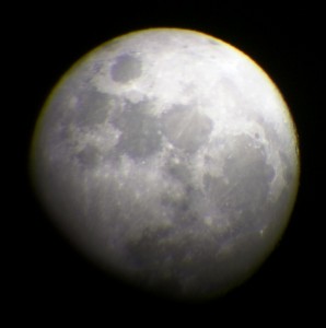 The moon on the night of December 23, 2015. This was shot using my Nexus 6 aimed into the eyepiece of my telescope.