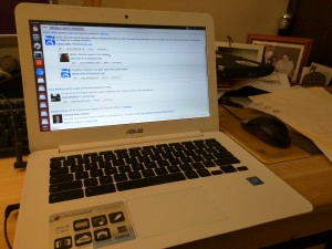 An Asus Chromebook C300 running Ubuntu 14.04 installed via Crouton. This has been dubbed a "Tuxbook" or a "Wildebook".