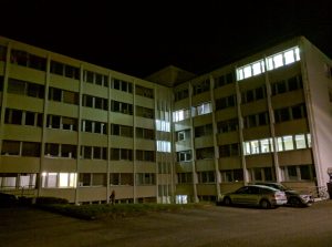 Walking back from dinner in nearby St. Genis on Thursday night, I stop to photograph a number of office lights on at nearly 11:30pm at CERN. The work never stops!