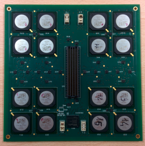 A prototype Local Associative Memory Board. Contains 16 AM chips. Connects to the AM board via SMD connectors. Designed by INFN Pisa. Photo and caption text from http://atlasftk.uchicago.edu/photos/