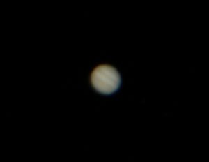 A shorter exposure, lower ISO photograph of Jupiter. On this setting, the moons are not visible but the banding of cloud zones on the planet becomes visible.