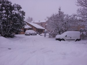 We awoke to about 5-6 inches of snow. Turns out the CERN rental cars do NOT have snow tires, so we got 30 feet before the car got stuck in ice and snow. We spent about 30 minutes rocking it out of place and back to parking. Then we declared a snow day!