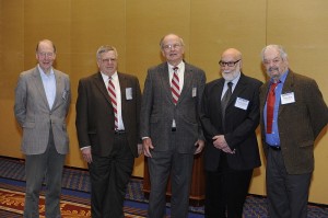 Five of the six 2010 American Physical Society's Sakurai Prize winners: (left-to-right) Kibble, Guralnik, Hagen, Englert, and Brout. Photo from Wikipedia (Ref. 2).