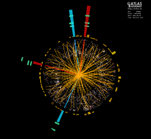 An image of a Higgs Boson candidate captured by the ATLAS Detector at CERN. The 2013 Nobel Prize in Physics was awarded for the correction prediction of the Higgs Boson and its role in nature.
