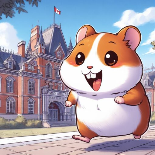 A hamster running happily on the campus of Queen's University in Kingston, Ontario, in the style of an anime cartoon