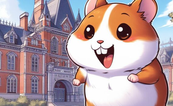A hamster running happily on the campus of Queen's University in Kingston, Ontario, in the style of an anime cartoon