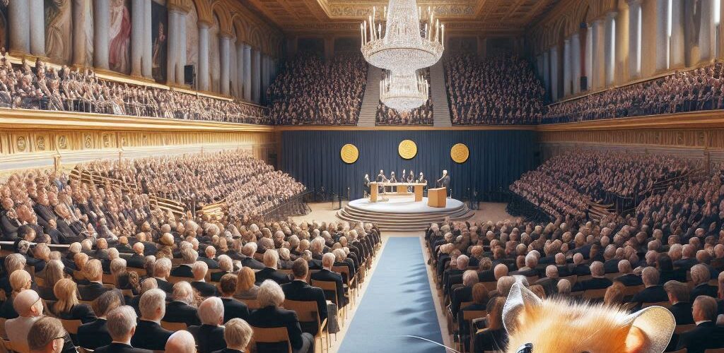 Generated by AI. A hamster attends a Nobel Prize-like ceremony.