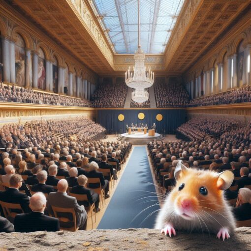 Generated by AI. A hamster attends a Nobel Prize-like ceremony.