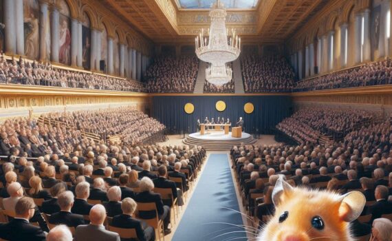 Generated by AI. A hamster attends a Nobel Prize-like ceremony.