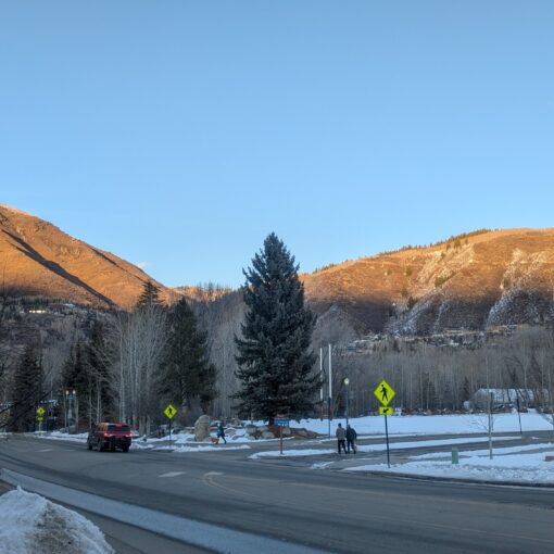 A view of mountains from a street in Aspen, CO, USA