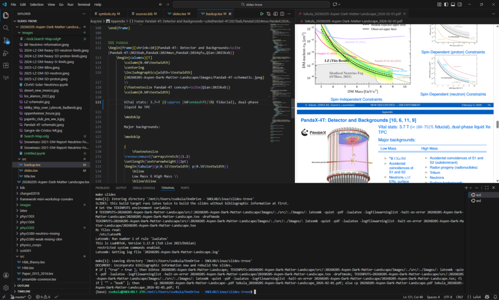 A window capture of Visual Studio Code, showing me editing my drafts of my conference slides. A file browser is visible, as is some LATEX code and a preview of two backup slides.